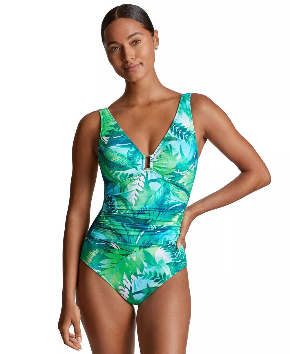 Lauren Ralph Lauren Tropical Printed Square-Ring One-Piece Swimsuit Green 16 NWT
